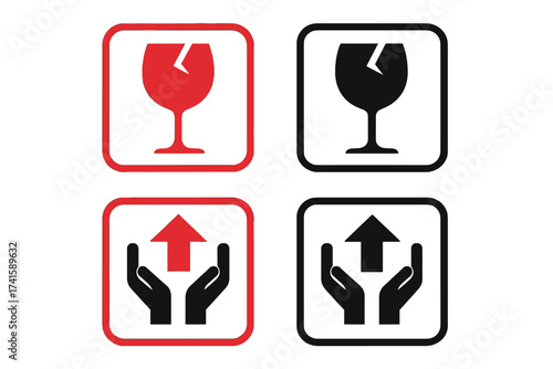 Fragile package warning symbols set. This side up and handle with care logistic labels. Shipping mark for delivery service. Red and black vector icons for transportation.