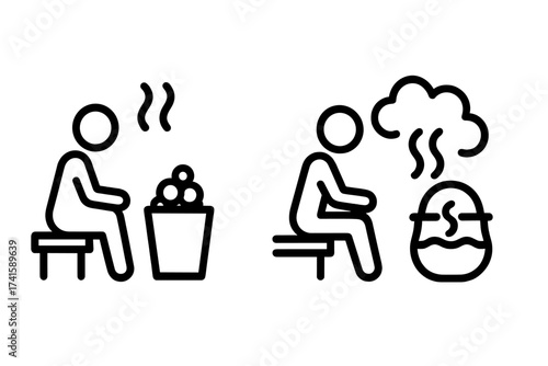 Sauna icon set with dry heat and hot steam room, boiling water relaxation vector illustration, wellness and spa concept, therapy and detox, steam bath symbols