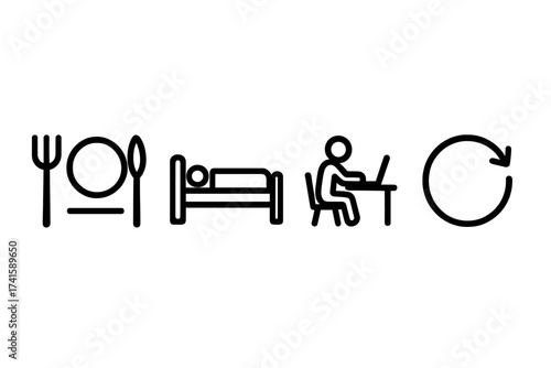 Daily Routine Icon Vector, Eat Sleep Work Repeat Concept, Minimalist Lifestyle Symbols for Everyday Schedule, Flat Design Vector Illustration with Transparent Background