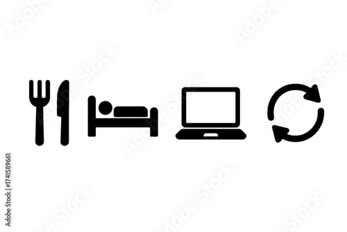 Daily routine icon vector with eat, sleep, work, repeat symbols. Lifestyle concept banner illustration representing everyday habits and cycle, minimal style, transparent background.