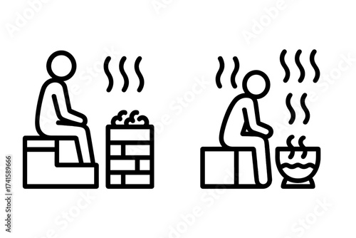 Sauna relaxation vector icons set with dry heat brick sauna and hot steam room boiling water symbols, wellness spa symbols, health and wellness concept illustration