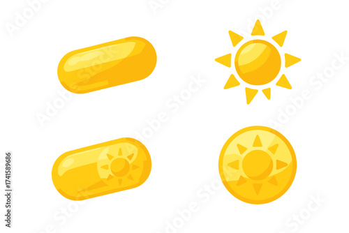 Vitamin D Supplement Icon Set, Golden Capsule and Sun Symbol Vector Illustration, Healthy Diet Supplement, Transparent Background, Ordered Vector Set for Wellness and Nutrition