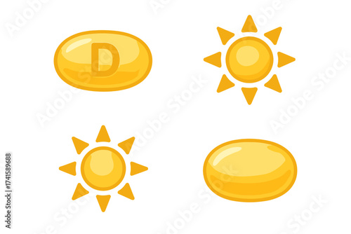 Vitamin D golden capsule vector set with sun symbol, dietary supplement icons, health and wellness illustration collection with transparent background, ordered design
