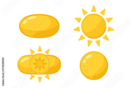 Vitamin D supplement vector set, golden diet capsules with sun symbol illustration, health and wellness icons, transparent background, bright dietary pills collection