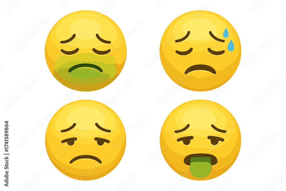 Fototapeta premium Set of sick emojis with unwell and uncomfortable expressions, nauseous, sweating, and vomiting emoticons, vector illustration with transparent background, distress and illness emotions