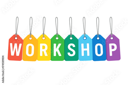 Workshop word on colorful hanging tags vector illustration, vibrant tag set with letters, workshop concept, education, training, creative learning, workshop event design