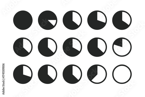 Set of filled circle icons from 0 to 100 percent, partially full vector circular shape symbols, transparent background, ordered completion levels, circle progress indicators