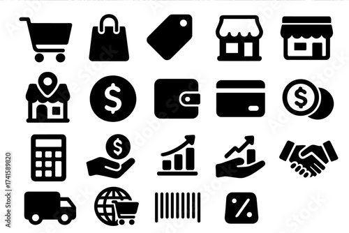 Shopping and business commerce icon collection, vector illustration with transparent background, ordered set of retail, sales, payment, delivery, growth, and trade symbols