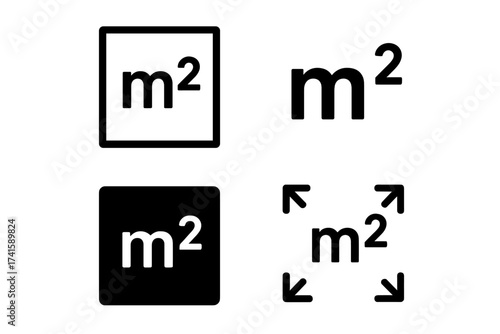 Vector set of square meter m² icons, symbols for measuring area, surface size, dimension units, black and white vector illustrations with transparent background, ordered design elements
