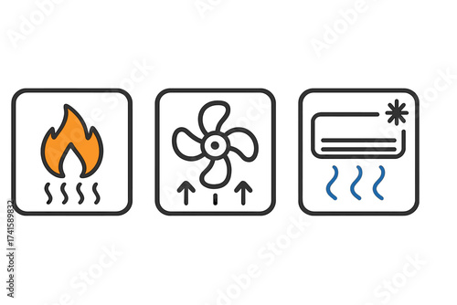 HVAC icon set with heating, ventilation, and air conditioning symbols. Climate control system pictograms. Includes heater, fan, and cooler elements for temperature regulation.