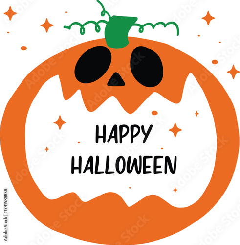 Halloween party invitation  with a smiling jack-o’-lantern round frame and a center cutout for text; suitable for party invitations, RSVP cards, flyers, posters