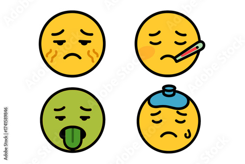 Sick emoji icons set with unwell, uncomfortable, nauseous, fever, and cold expressions, vector illustration of illness emotions for health and medical design, transparent background