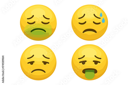 Set of sick emojis with unwell and uncomfortable expressions, nauseous, sweating, and vomiting emoticons, vector illustration with transparent background, distress and illness emotions