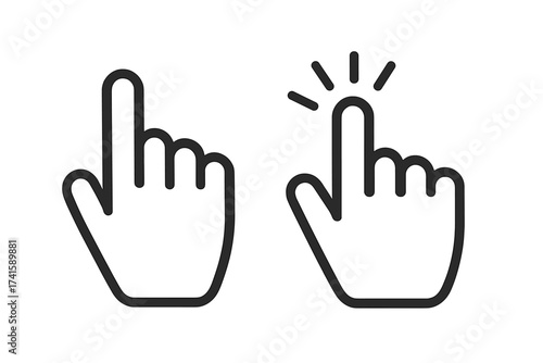 Hand cursor pointer icon set. Finger clicking, tapping gesture. Web click symbol. UI UX design element. Vector line illustration of a hand pressing a button or link.