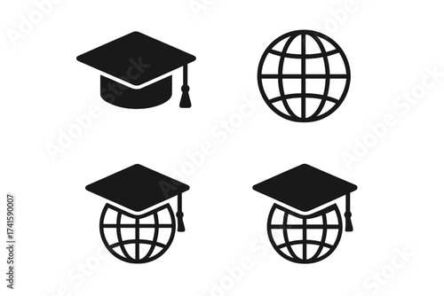 Study abroad education icons set, graduation cap with globe symbol, global learning, international education, online education, worldwide knowledge, vector illustration transparent background