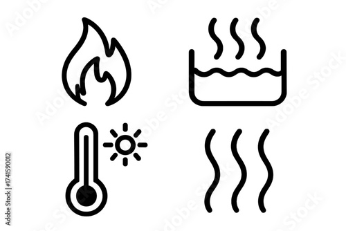 Heat and temperature vector line icon set. Fire flame, boiling water, hot steam, sun, thermometer, heatwave symbols. Concept of warning, cooking, climate, weather. Hot icon.