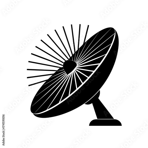 Black satellite dish with radiating lines on transparent background silhouette