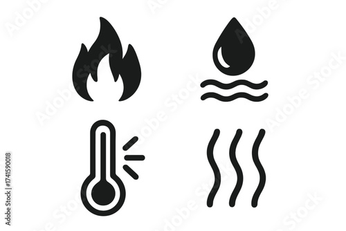 Hot icon set. Heat symbol collection. Vector fire flame, hot water drop, high temperature thermometer, steam and vapor sign. Simple black glyph pictogram for web and app design.