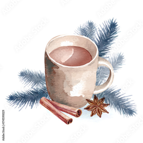 Vector watercolor illustration of a cup of hot drink with cinnamon, anise, and fir branches. Cozy winter holiday design element for greeting cards, decor, and seasonal projects.