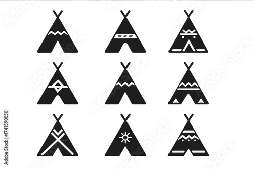 Teepee icon set, tipi vector collection with ethnic geometric patterns. Native American dwelling, indigenous housing symbol. Tribal wigwam illustration for camp, nomadic culture design.