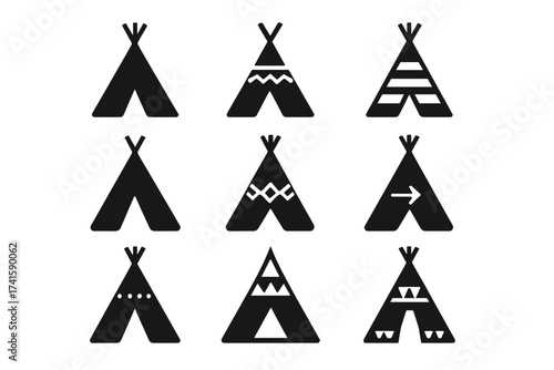 Teepee icon set, tipi vector collection. Native American traditional house silhouette. Tribal camp wigwam with geometric ethnic ornament. Adventure, boho, wild west symbol.