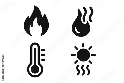 Hot icon set vector graphics. Fire flame, high temperature thermometer, sun heat and spicy food symbols. Pictogram collection for weather, warning or energy concepts. Burn sign.
