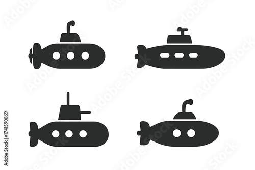 Military submarine ship icon vector set, black silhouettes with transparent background, underwater vessel illustrations, naval fleet, ocean exploration, defense technology design