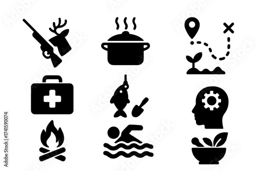 Survival skills icon set with hunting, cooking, planning, first aid, fishing, farming, fire making, swimming, problem solving, and natural medicine symbols for outdoor activities