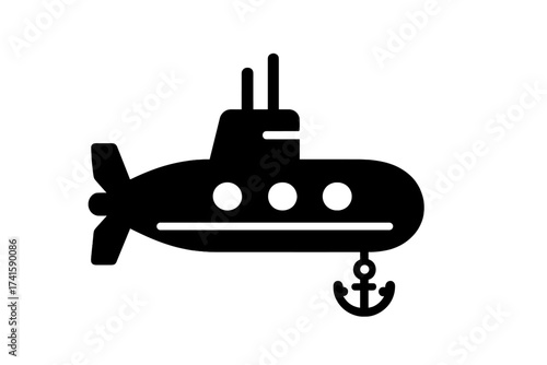 Military submarine ship icon vector illustration with transparent background, underwater vessel silhouette, naval navy technology, marine defense design, ocean exploration symbol