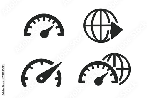 Internet speed icon set. High speed connection symbol. Vector speedometer, gauge for performance test. Fast broadband, bandwidth, data transfer, global network pictogram sign.