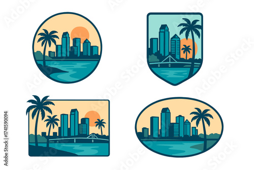Tampa city bay skyline travel destination logo set, tropical palm trees sunset urban landscape vector illustration, Florida waterfront cityscape badges with water, tourism icons