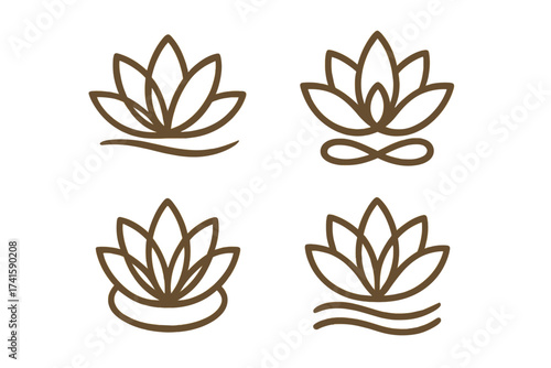 Set of four lotus flower logo designs. Minimalist floral line art for wellness, spa, yoga, and beauty. Vector symbols for harmony, nature, zen, and holistic lifestyle.