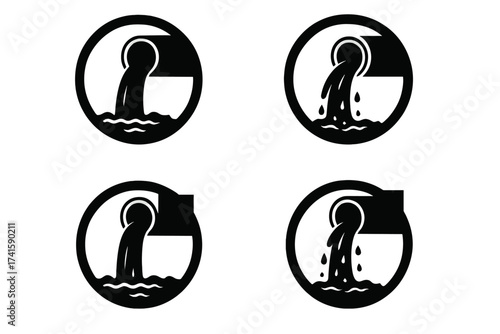 Wastewater from sewers vector icons, sewage water flow symbol set, black and white sewer pipe discharge illustration, environmental pollution concept, water contamination signs