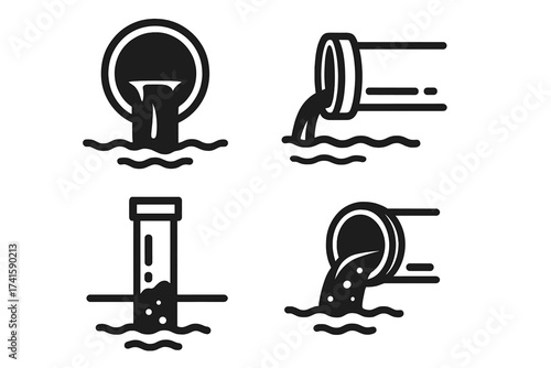 Wastewater from sewers vector illustration, sewage pipe discharge icons set, transparent background, environmental pollution, water contamination, drainage outlet symbols
