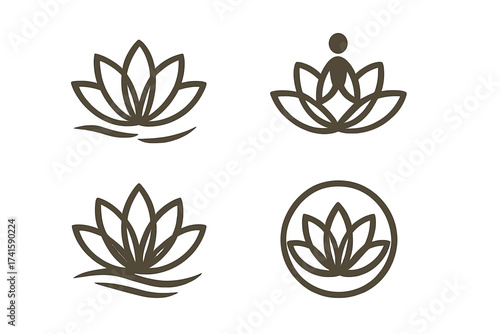 Lotus flower logo set for wellness, spa, and yoga. Meditation and zen icon. Symbol of harmony, beauty, relax. Spiritual vector illustration. Line art sign for calm and nature.