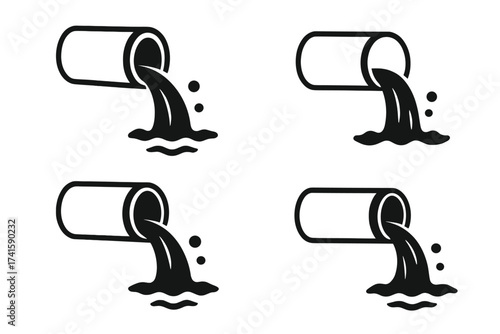Wastewater from sewers vector set, sewage pipe discharge illustration, black silhouette icons of polluted water flow, environmental pollution concept, urban drainage system symbols