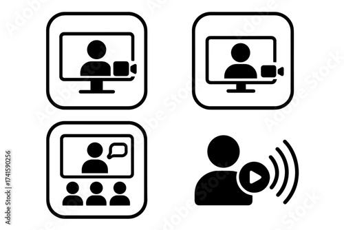 Webinar and Video Conference Icon Set. Vector Illustration of Virtual Meeting, Online Communication, Digital Presentation, Video Call Technology, Live Streaming, and Remote Collaboration Symbols