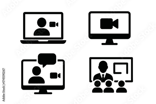 Webinar and Video Conference Icon Set, Isolated Black Silhouettes of Online Meeting, Virtual Communication Symbols, Business Video Chat, Digital Training, Remote Collaboration
