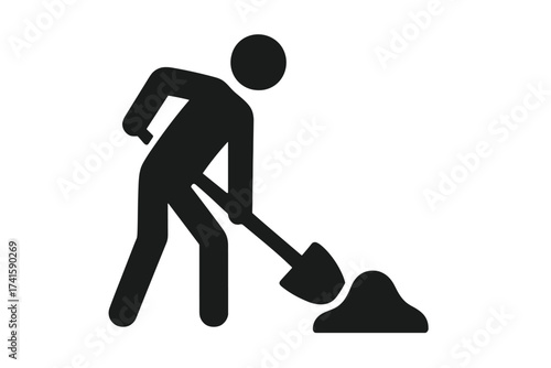 Man with shovel icon symbol. Worker digging ground. Construction, excavation, soil work sign. Laborer at work. Manual labor pictogram. Gardener, builder vector illustration.