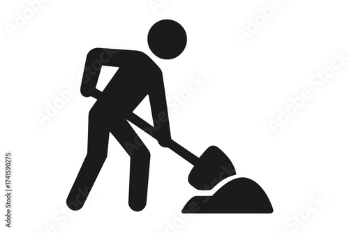 Man with shovel icon symbol. Worker digging ground pictogram. Person at work concept. Construction, maintenance, or labor sign. Under construction vector illustration.