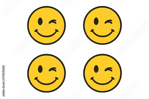 Winking Eye Smiley Face Icon Set, Cute Wink Emoticon Collection with Transparent Background, Playful Vector Illustration of Happy Expression, Fun Emoji Faces in Ordered Design