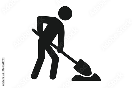 Digging man icon. Worker with shovel symbol. Concept of construction, hard work, labor, groundwork, excavation, building. Road work sign. Gardener silhouette vector isolated.