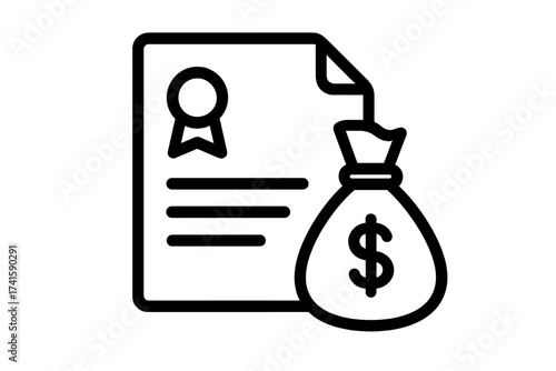 Work contract and payment icon with money bag symbol, finance agreement vector illustration, legal document and monetary transaction concept, business contract payment symbol