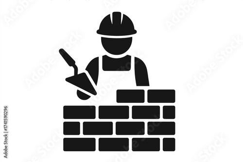 Masonry vector icon of a construction worker. Builder with a trowel building a brick wall. Bricklayer symbol. Man at work, wearing a helmet. Labor and industry concept.