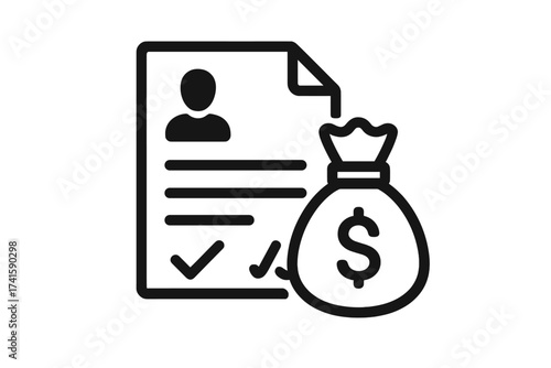Work contract with money bag icon, payment concept, salary document, employment agreement vector illustration, finance and contract symbol, transparent background