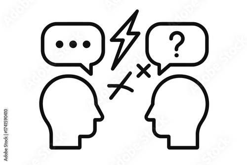Miscommunication and misunderstanding icon. Communication breakdown and conflict concept. Two heads with speech bubbles symbolize dialogue problem, debate, or argument. Vector.