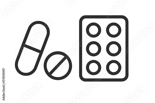Medical pills vector icon set. Line art illustration of a capsule, tablet, and blister pack. Concept for medicine, pharmacy, healthcare, treatment, drugs, and dosage.