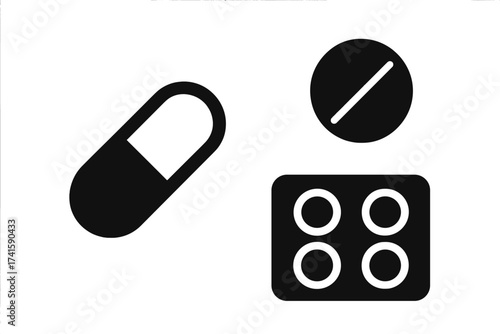 Pills and capsules vector icon set. Pharmacy and medication symbols. Tablet, drug, medicine, and vitamin illustration. Healthcare, treatment, and pharmaceutical concept design.