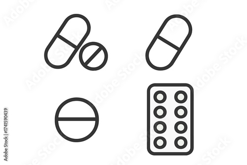 Pills and tablets icon set. Vector illustration of medication, drugs, and capsules. Pharmacy and healthcare concept. Medical treatment symbols. Blister pack and painkiller icons.