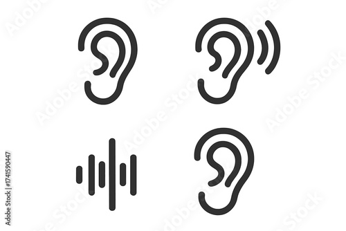 Ear icon set for hearing, sound, and audio concepts. Vector line art of listen, waveform, and audiology symbols. Deafness, noise, and communication pictograms collection.